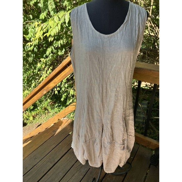 Lin Blanc long 100% linen dress khaki sleeveless unique LAGENLOOK Italy 38 M - Picture 3 of 6